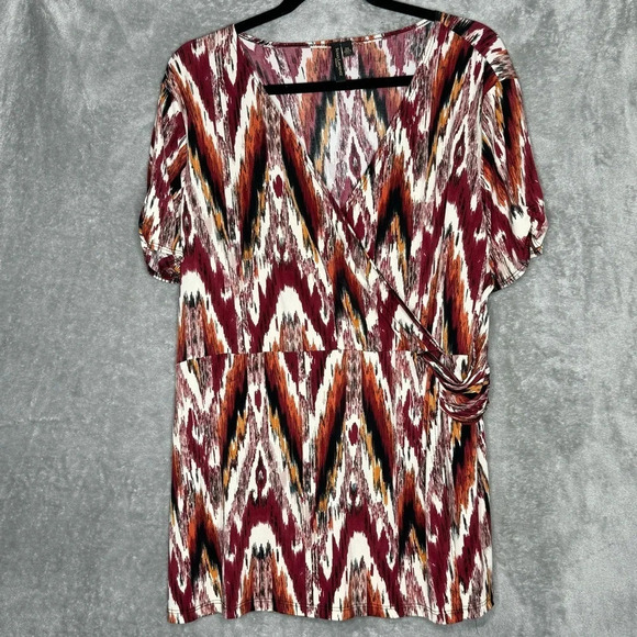 Susan Lawrence 2X Shirt Top Maroon Red Abstract Short Sleeve V Neck Stretch - Picture 1 of 6